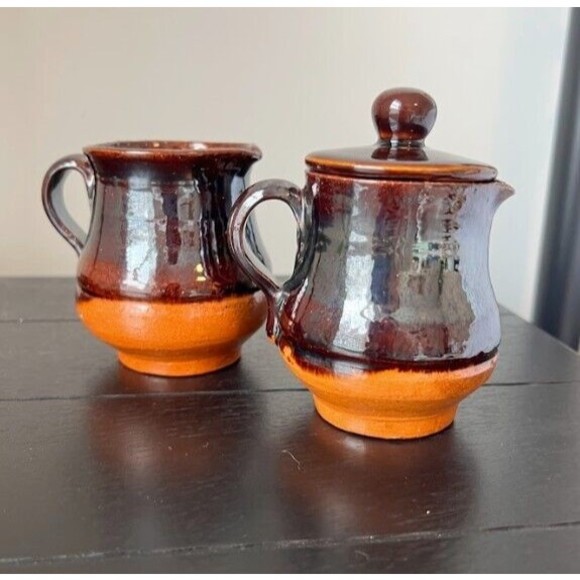 Set of vintage cream and sugar pottery with lid - Picture 5 of 10